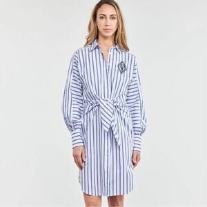Lauren Ralph Lauren Essien Tie Waist Shirt Dress Monogram Blue Stripe Women's 6
